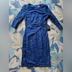 Adrianna Papell blue dress lace 3/4 sleeve rouched